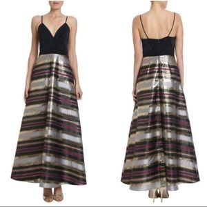 Belle Badgley Mischka Long Black and Metallic Striped Ball Gown sz 14